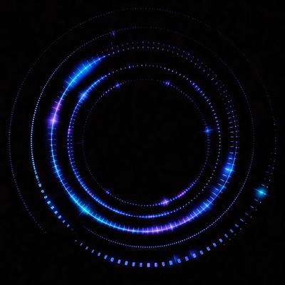 The primary subject of the image is a blue circle with a purple ring around it. The circle is surrounded by a blue and purple pattern, giving the scene a futuristic and colorful appearance. The setting appears to be a dark background, which further emphasizes the vibrant colors of the circle and its surroundings. The visual style of the image is a combination of digital art and illustration, creating a unique and eye-catching design. The colors and mood of the image are predominantly blue and pur